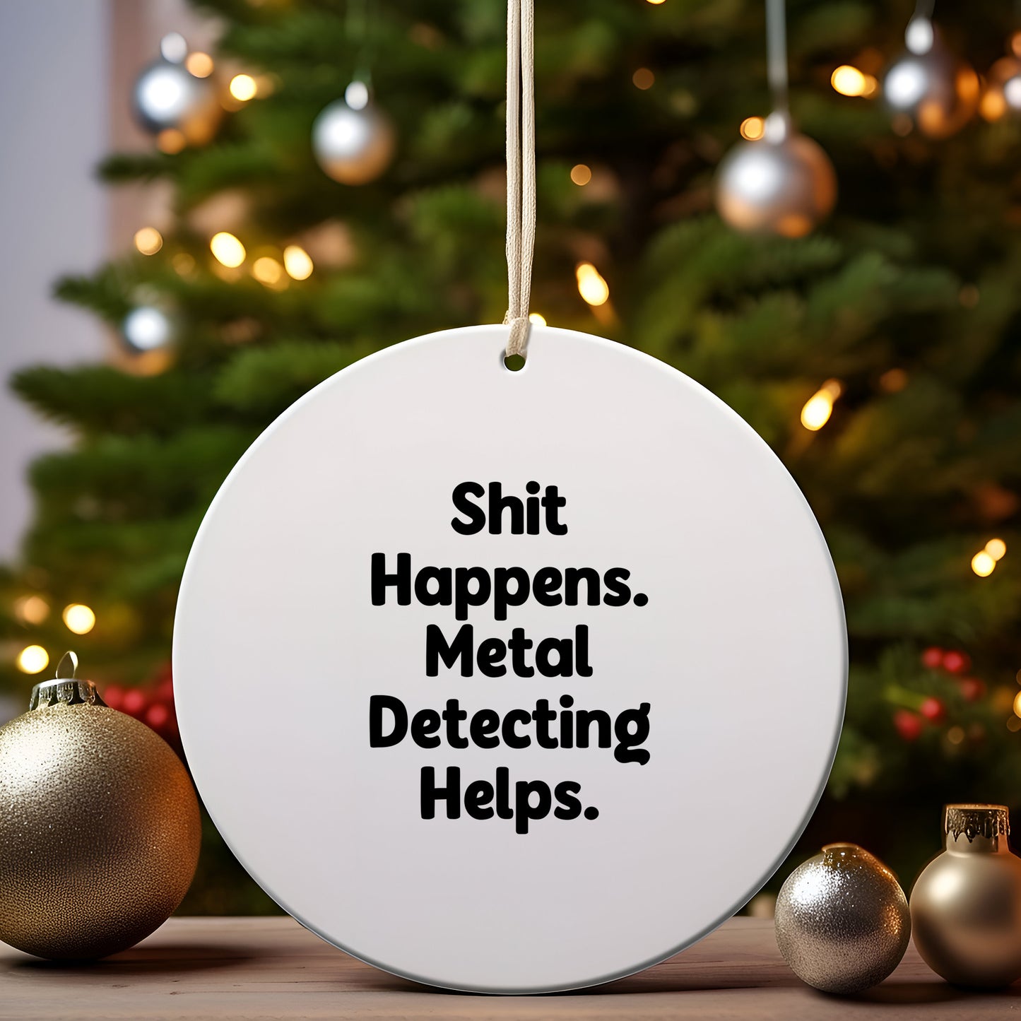 Metal Detecting Fun Gifts from Friends for Him - 'Shit Happens' Circle Ornament, Christmas Unique Presents - Mallard Moon Gift Shop