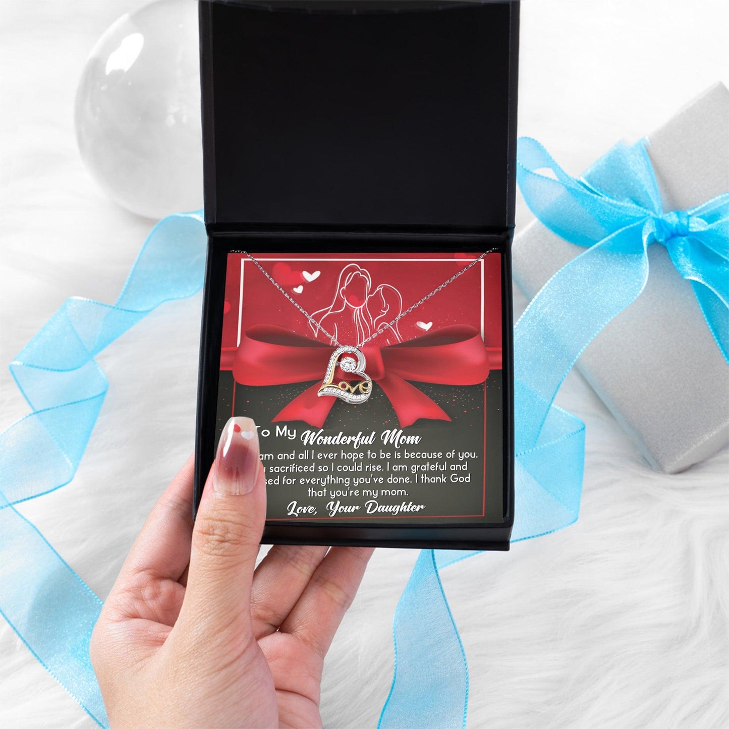 To My Wonderful Mom All I Am is Because of You Love Your Daughter Heart Pendant Necklace - Mallard Moon Gift Shop