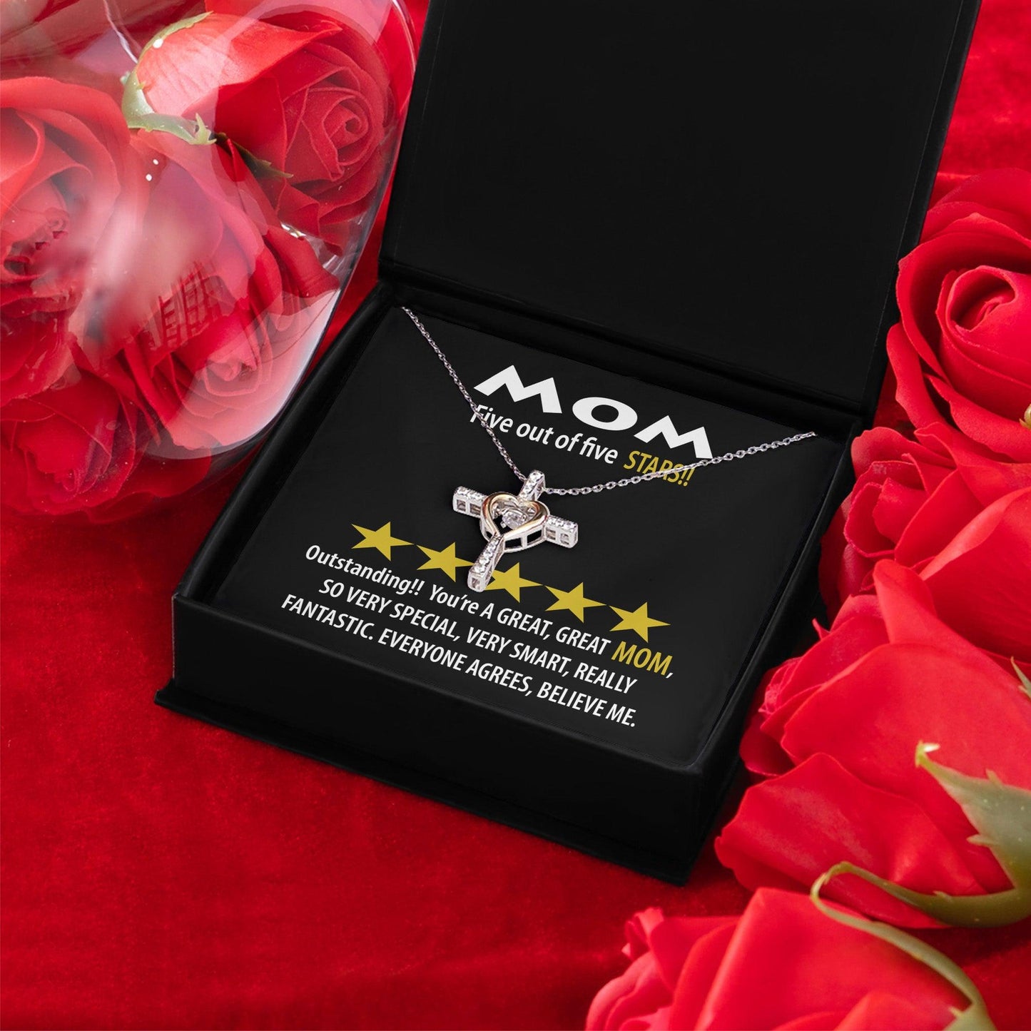 Mom - Five of Five Stars Outstanding You're A Great, Great Mom Cross Pendant Necklace - Mallard Moon Gift Shop