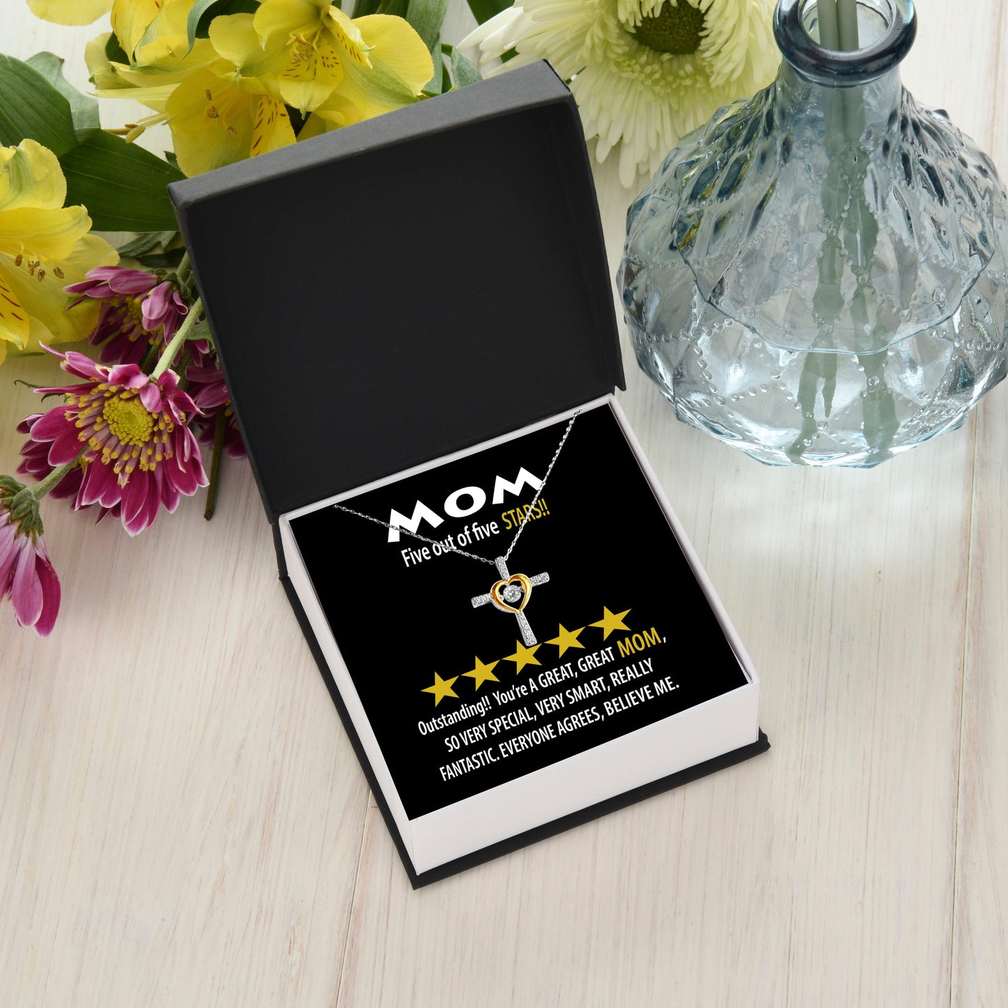 Mom - Five of Five Stars Outstanding You're A Great, Great Mom Cross Pendant Necklace - Mallard Moon Gift Shop