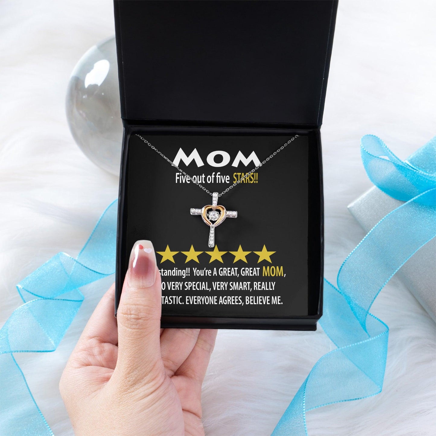 Mom - Five of Five Stars Outstanding You're A Great, Great Mom Cross Pendant Necklace - Mallard Moon Gift Shop