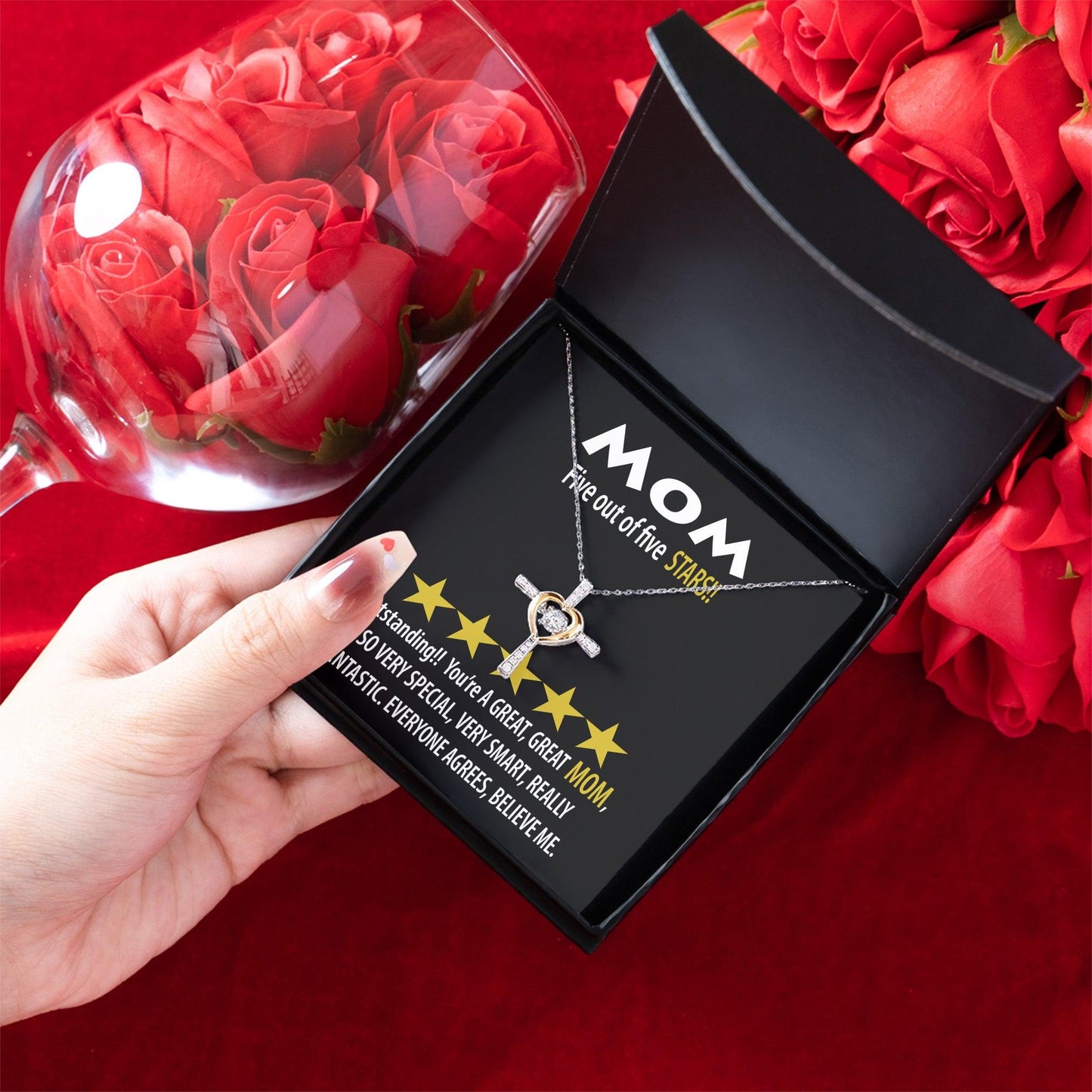 Mom - Five of Five Stars Outstanding You're A Great, Great Mom Cross Pendant Necklace - Mallard Moon Gift Shop