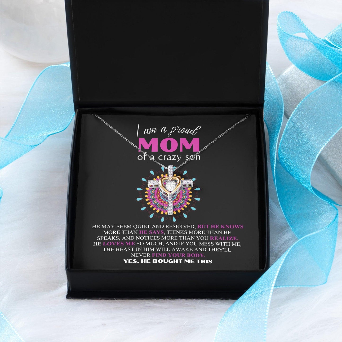 Gift For Mom - I am a Proud Mom of a Crazy Son Cross Pendant Necklace - Mallard Moon Gift Shop