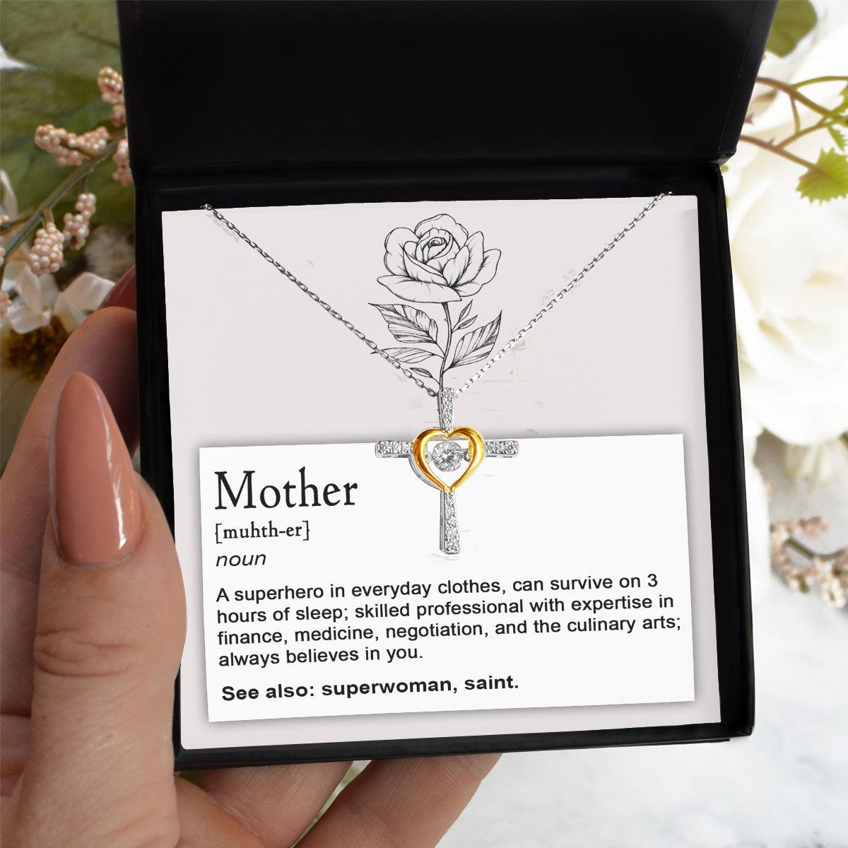 Mother, Definition - Superhero, Saint Cross Pendant Necklace - Mallard Moon Gift Shop
