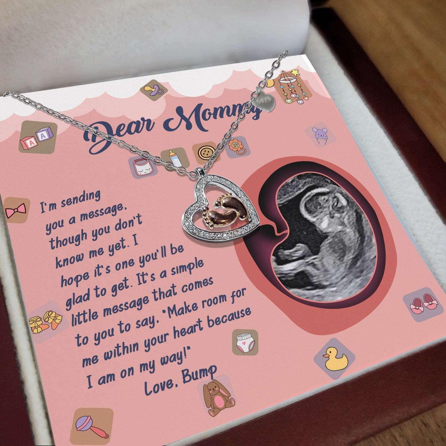 Dear Mommy I Am On My Way Baby Feet Charm Pendant Necklace - Mallard Moon Gift Shop