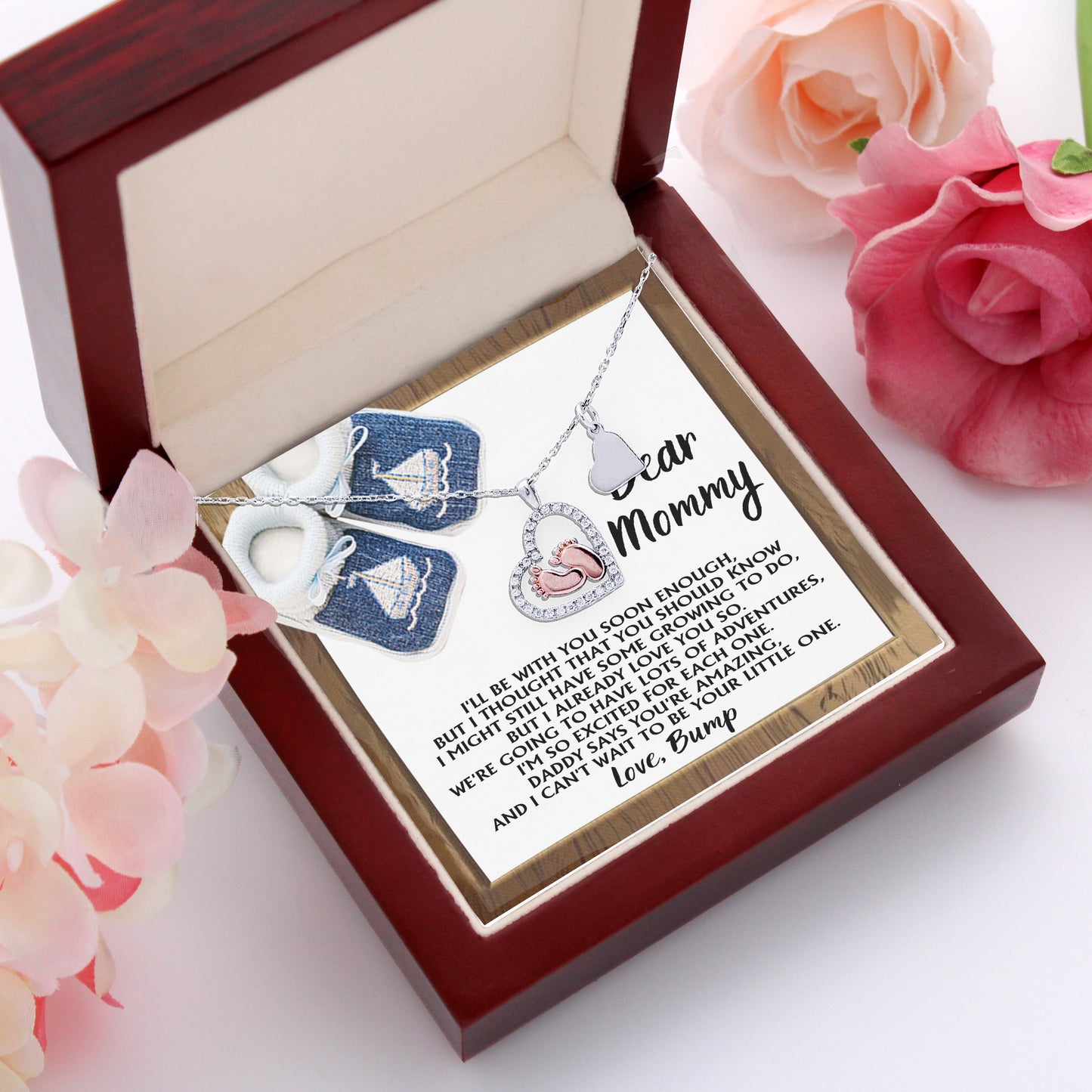 Dear Mommy I Already Love You Pregnancy Baby Feet Charm Necklace Gift for New Mom - Mallard Moon Gift Shop