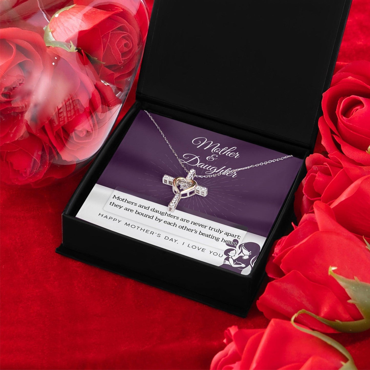 Mother Jewelry Gift - Mother and Daughter Bound by Heart Cross Pendant Necklace - Mallard Moon Gift Shop