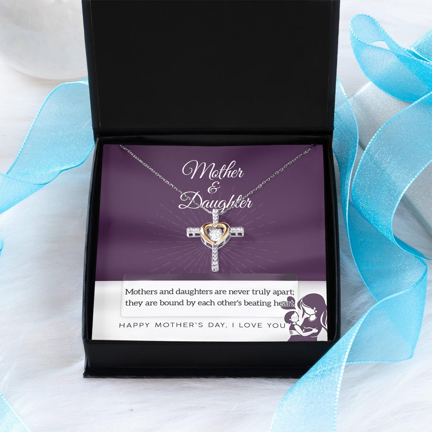 Mother Jewelry Gift - Mother and Daughter Bound by Heart Cross Pendant Necklace - Mallard Moon Gift Shop