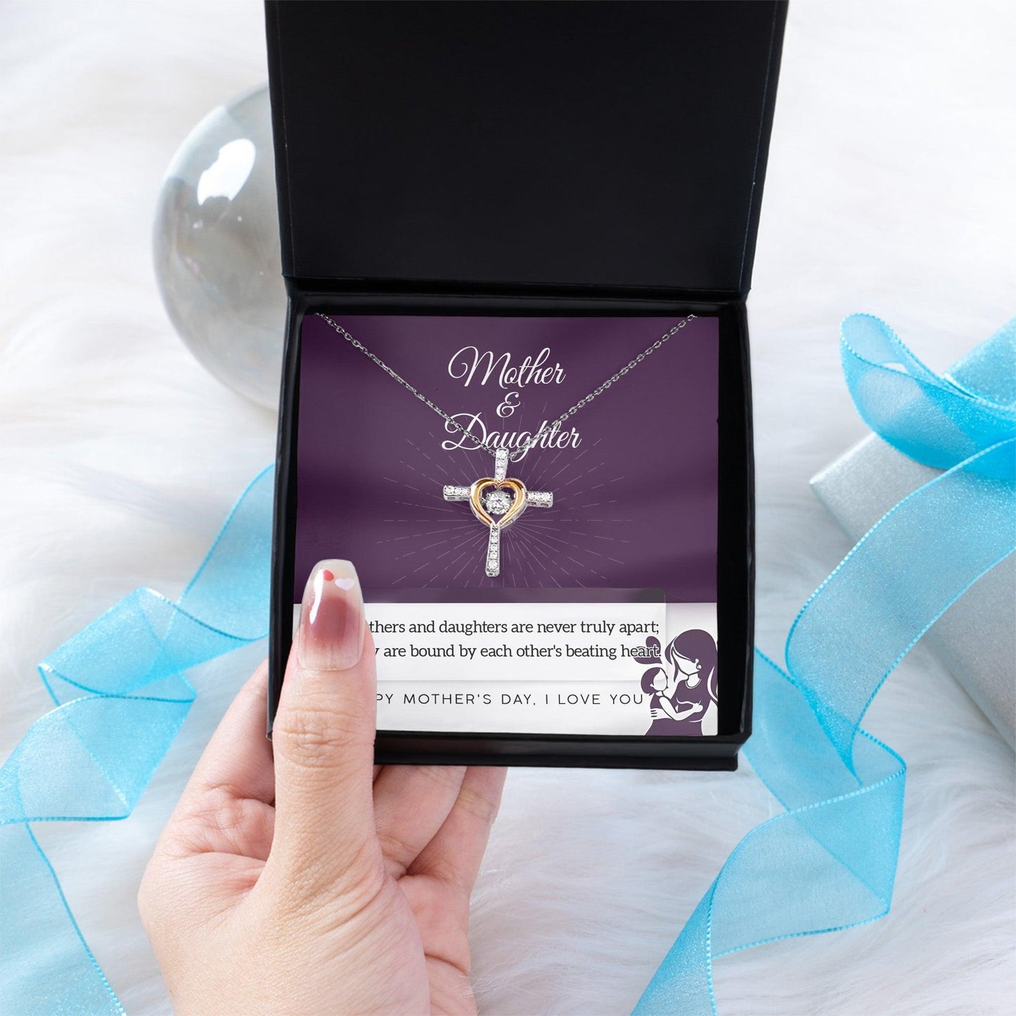 Mother Jewelry Gift - Mother and Daughter Bound by Heart Cross Pendant Necklace - Mallard Moon Gift Shop
