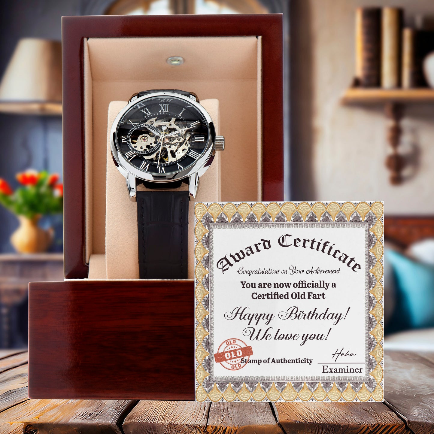Certified Old Fart Birthday Watch – Men's Openwork Watch with Leather Band | Gag Gift for Dad, Grandpa, Husband or Friend - Mallard Moon Gift Shop