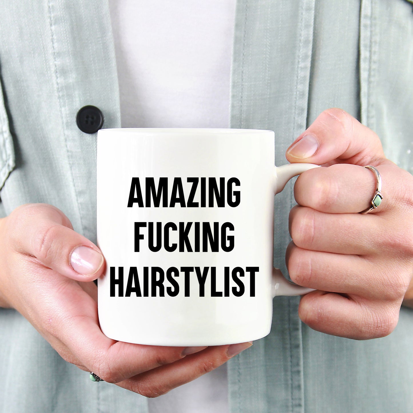 Funny Hairstylist Gifts from Friends, Amazing White Coffee Mug for Graduation, 'Amazing F--king Hairstylist' Quote - Mallard Moon Gift Shop