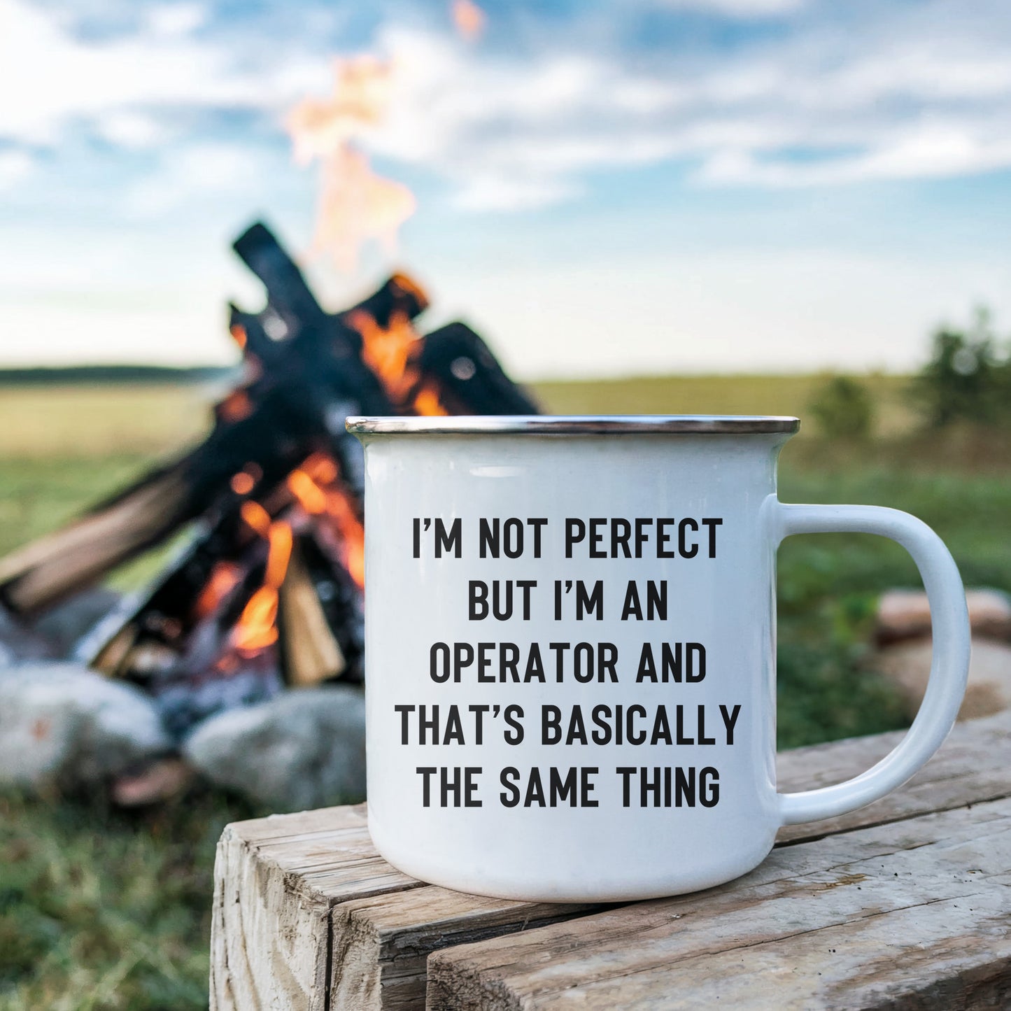 Operator Enamel Camping Mug – Funny 12oz Coffee Cup – “I’m Not Perfect but I’m an Operator” – Gift for Heavy Equipment Operators, Plant Workers & More - Mallard Moon Gift Shop