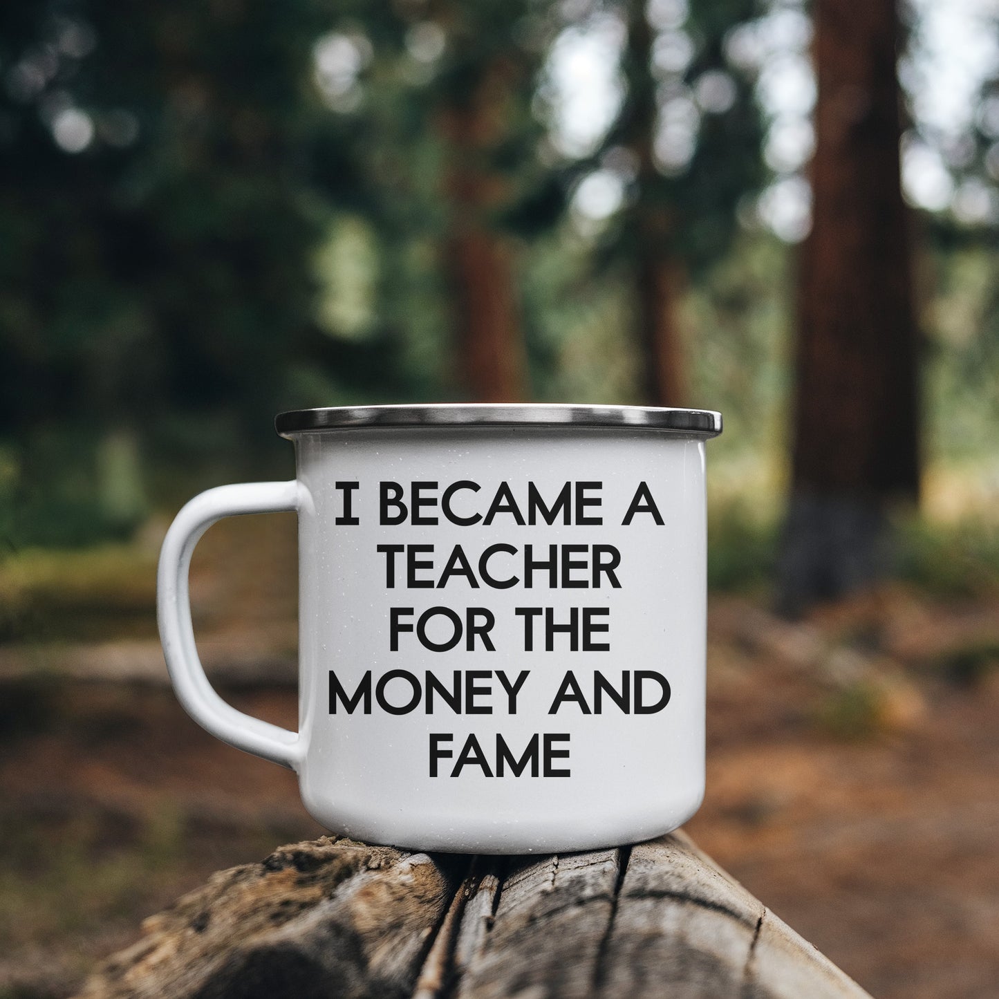 Funny Teacher Enamel Camping Mug – 12oz Stainless Steel Cup – “I Became a Teacher for the Money and Fame” – Gag Gift for Educators, Professors, School Staff - Mallard Moon Gift Shop
