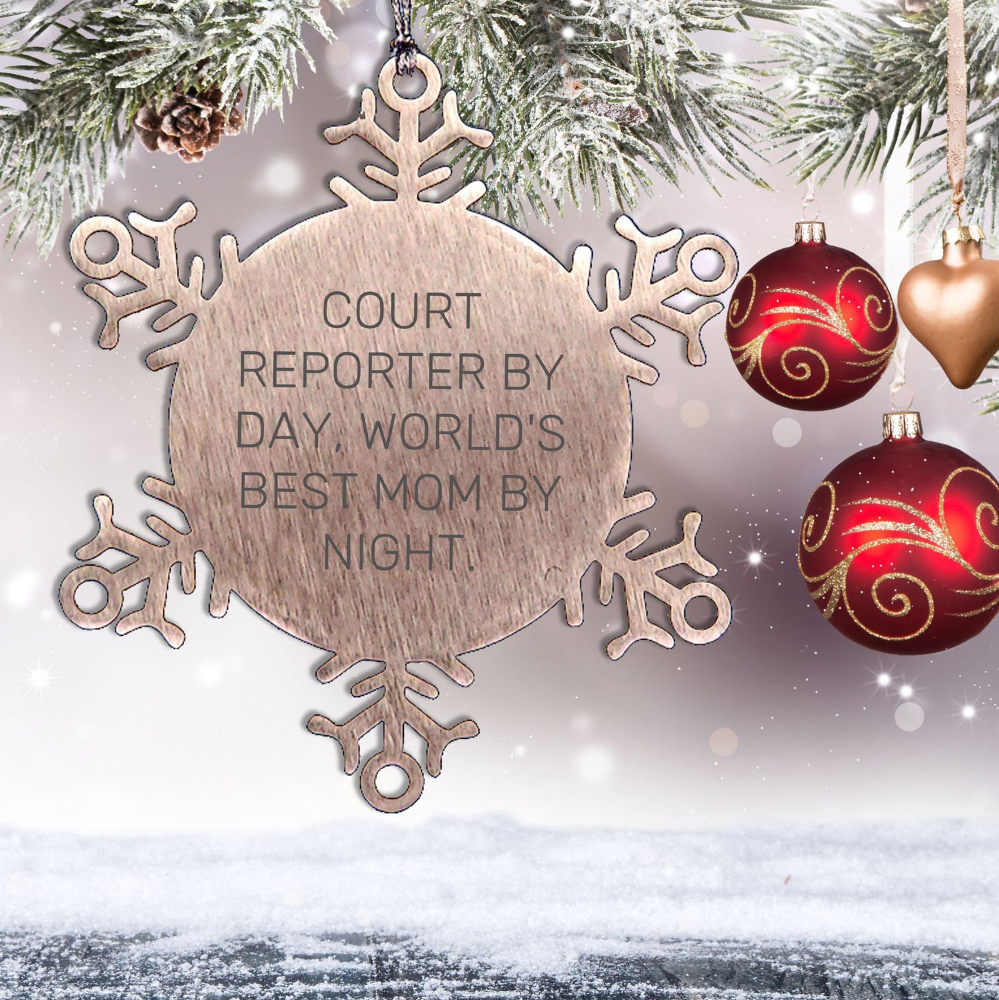 Court Reporter Gifts - Snowflake Ornament for Men or Women - 'Court Reporter By Day, World's Best Mom By Night.' - Unique Christmas Unique Gifts from Mom to Court Reporter