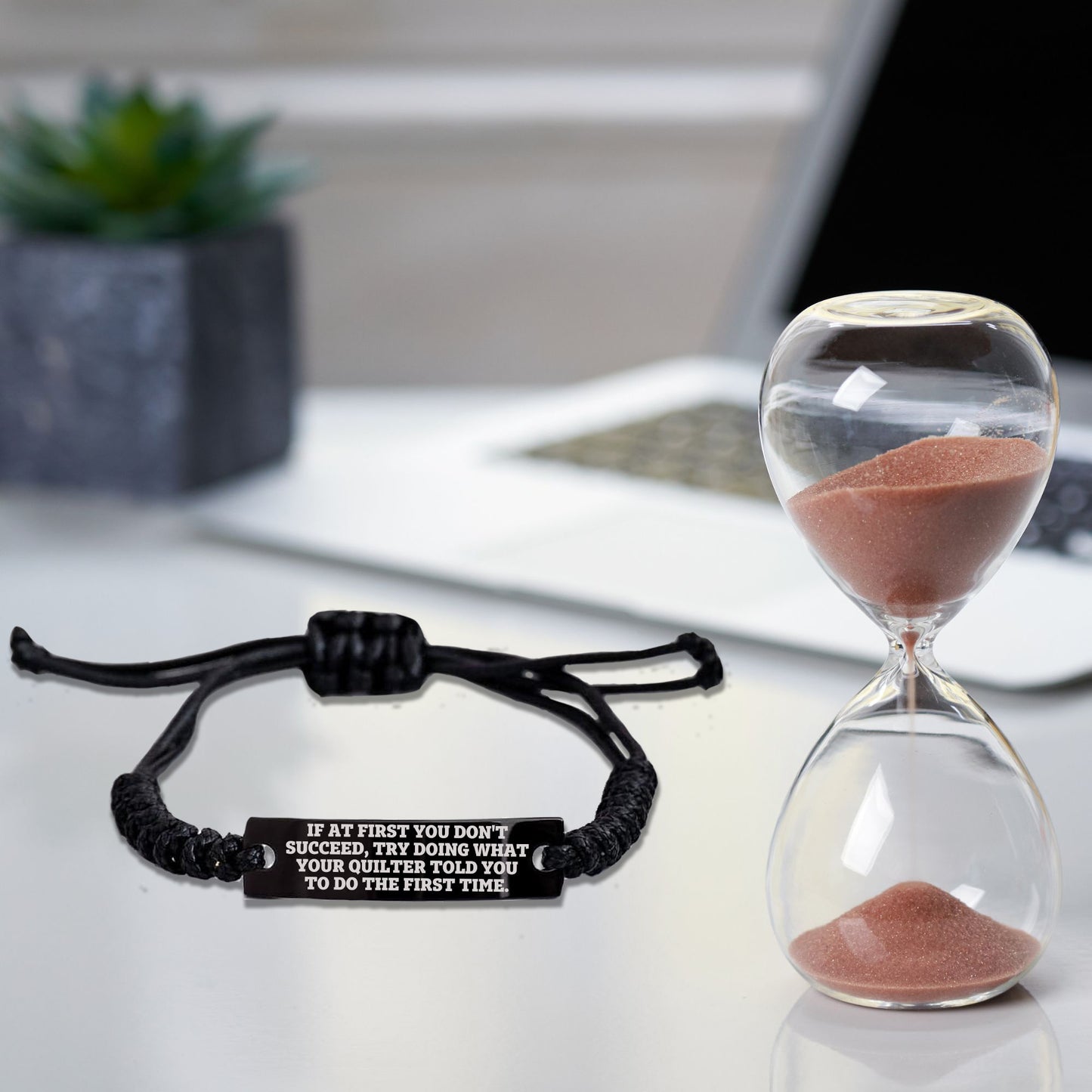 Quilter’s Reminder Bracelet – If at First You Don’t Succeed Quote Handmade Engraved Braided Rope Wristband