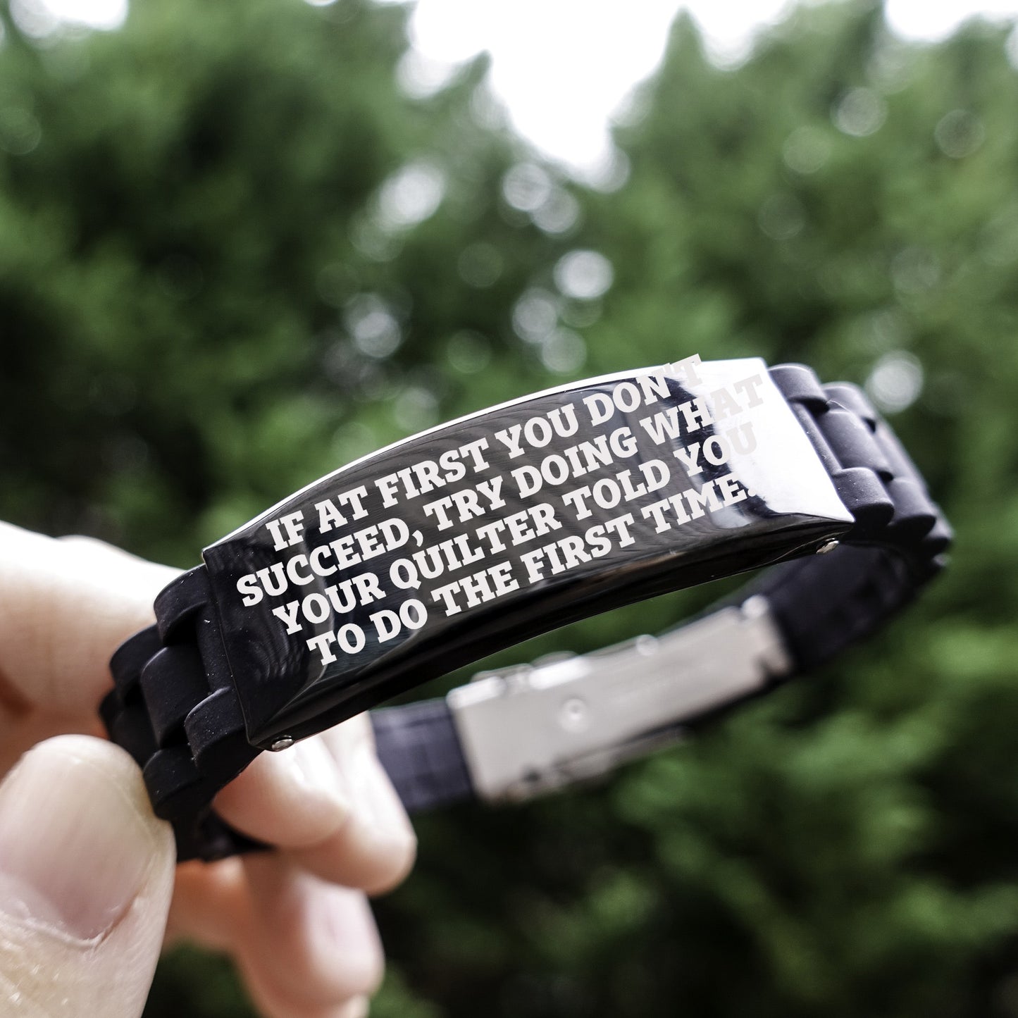 Quilter’s Reminder Bracelet – “If at First You Don’t Succeed” Quote – Black Glidelock Silicone Wristband - Mallard Moon Gift Shop