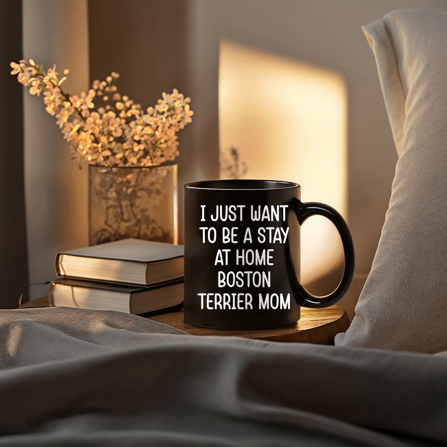 Boston Terrier Mom Black Ceramic Coffee Mug – I Just Want to Be a Stay at Home Boston Terrier Mom - 11oz or 15 oz Cup for Dog Lovers & Pet Parents – Dishwasher & Microwave Safe - Mallard Moon Gift Shop