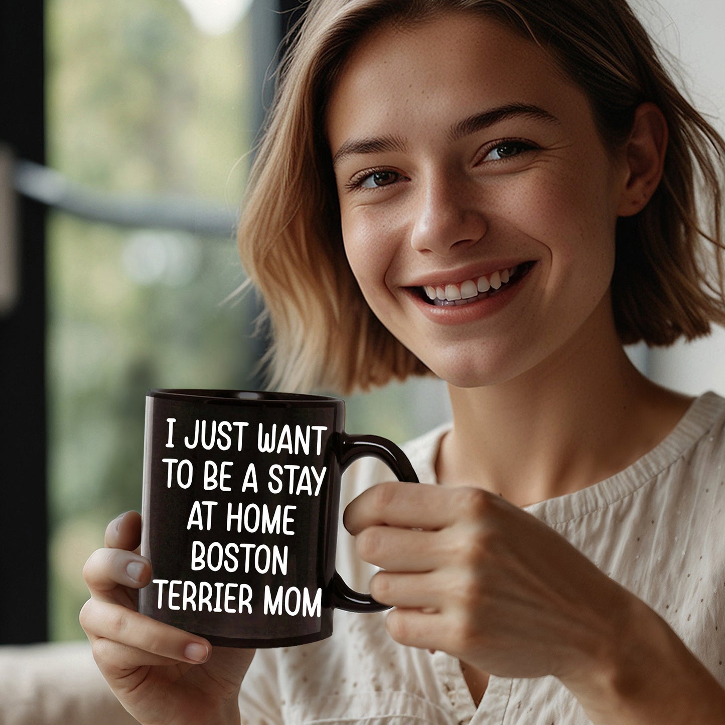 Boston Terrier Mom Black Ceramic Coffee Mug – I Just Want to Be a Stay at Home Boston Terrier Mom - 11oz or 15 oz Cup for Dog Lovers & Pet Parents – Dishwasher & Microwave Safe - Mallard Moon Gift Shop