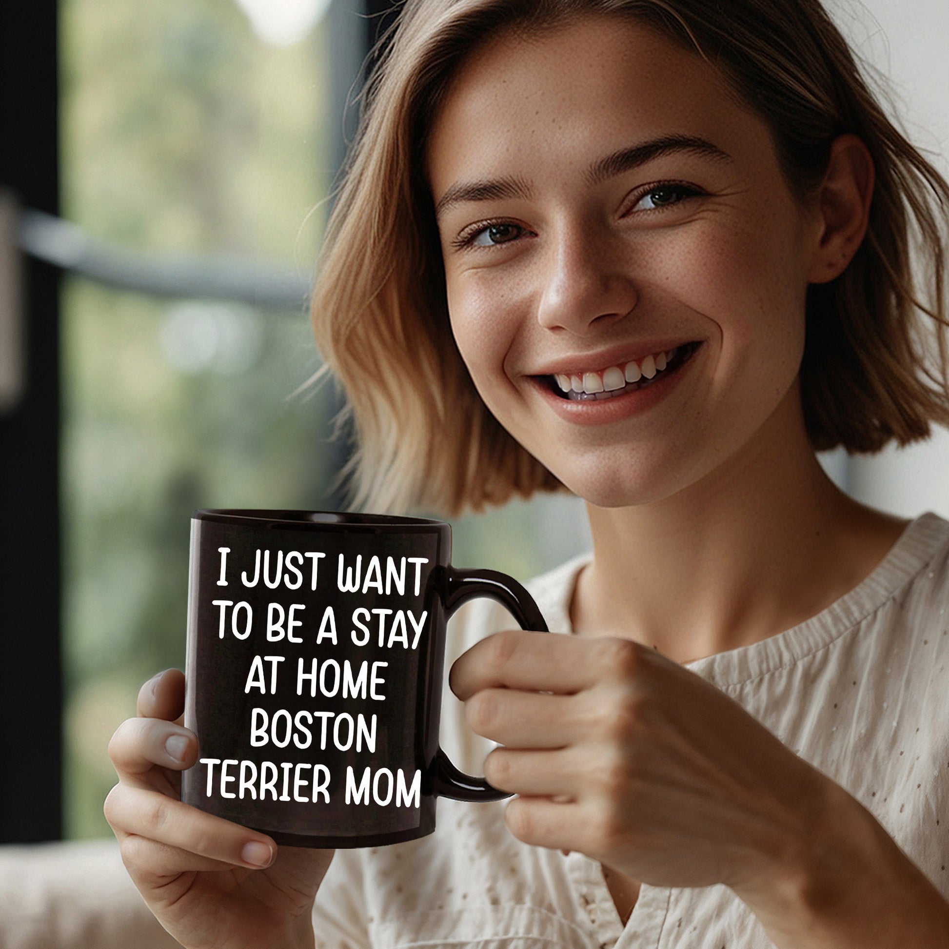 Boston Terrier Mom Black Ceramic Coffee Mug – I Just Want to Be a Stay at Home Boston Terrier Mom - 11oz or 15 oz Cup for Dog Lovers & Pet Parents – Dishwasher & Microwave Safe - Mallard Moon Gift Shop