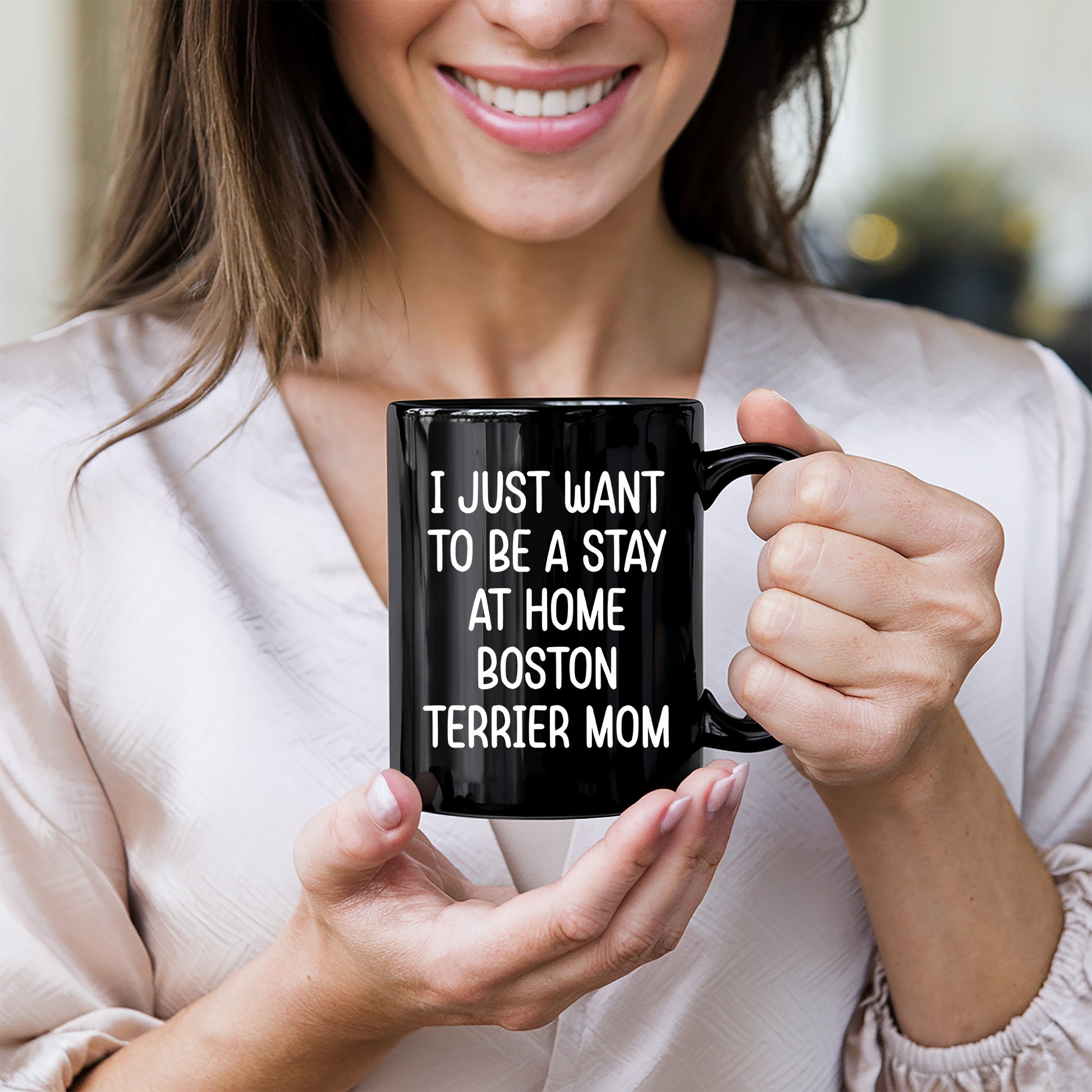 Boston Terrier Mom Black Ceramic Coffee Mug – I Just Want to Be a Stay at Home Boston Terrier Mom - 11oz or 15 oz Cup for Dog Lovers & Pet Parents – Dishwasher & Microwave Safe - Mallard Moon Gift Shop
