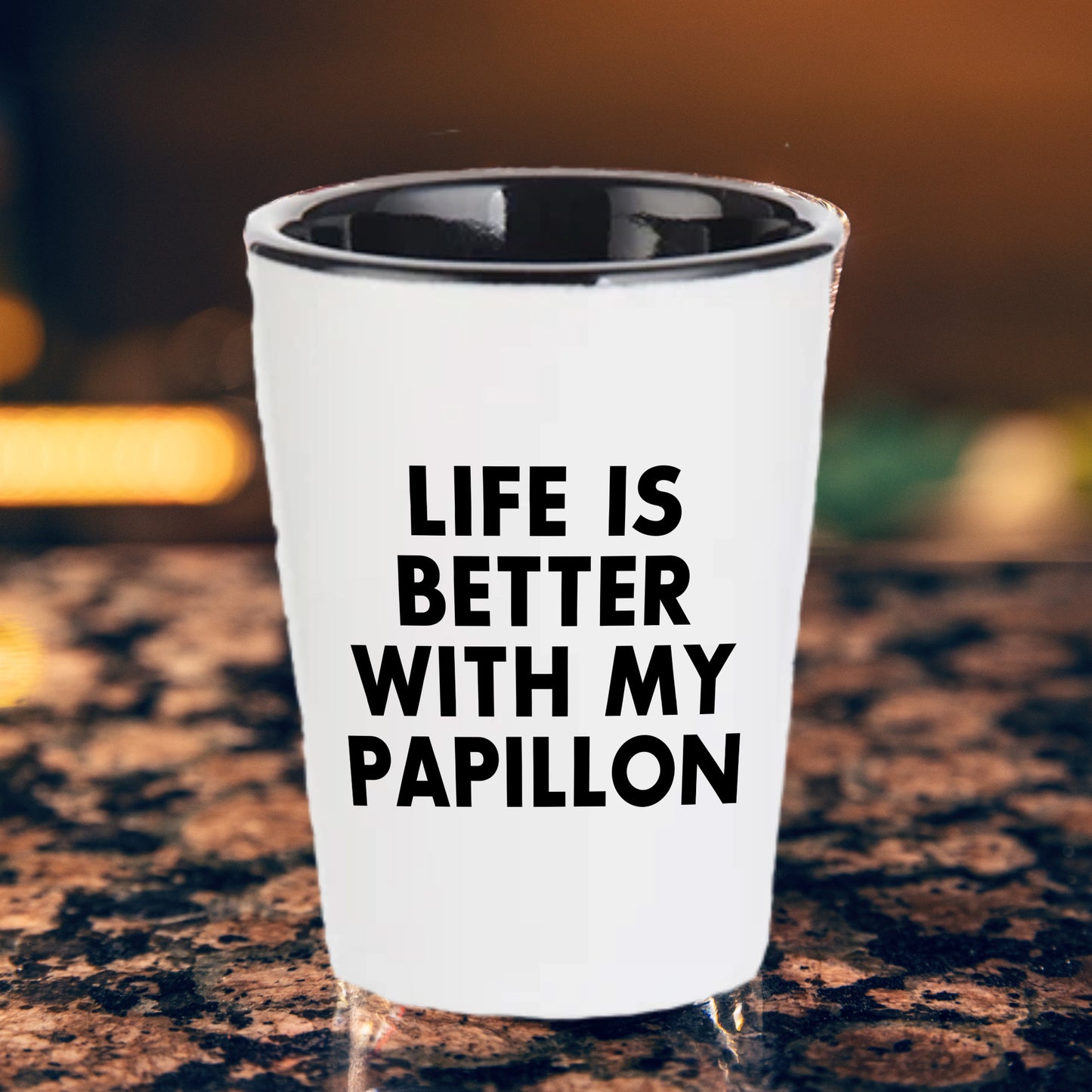 Papillon Dog Lover's Shot Glass, 'Life Is Better With My Papillon' Quote, Unique Mother's Day Unique Gift from Friends, 1.5oz Ceramic Shot Glass, Dishwasher and Microwave Safe - Mallard Moon Gift Shop