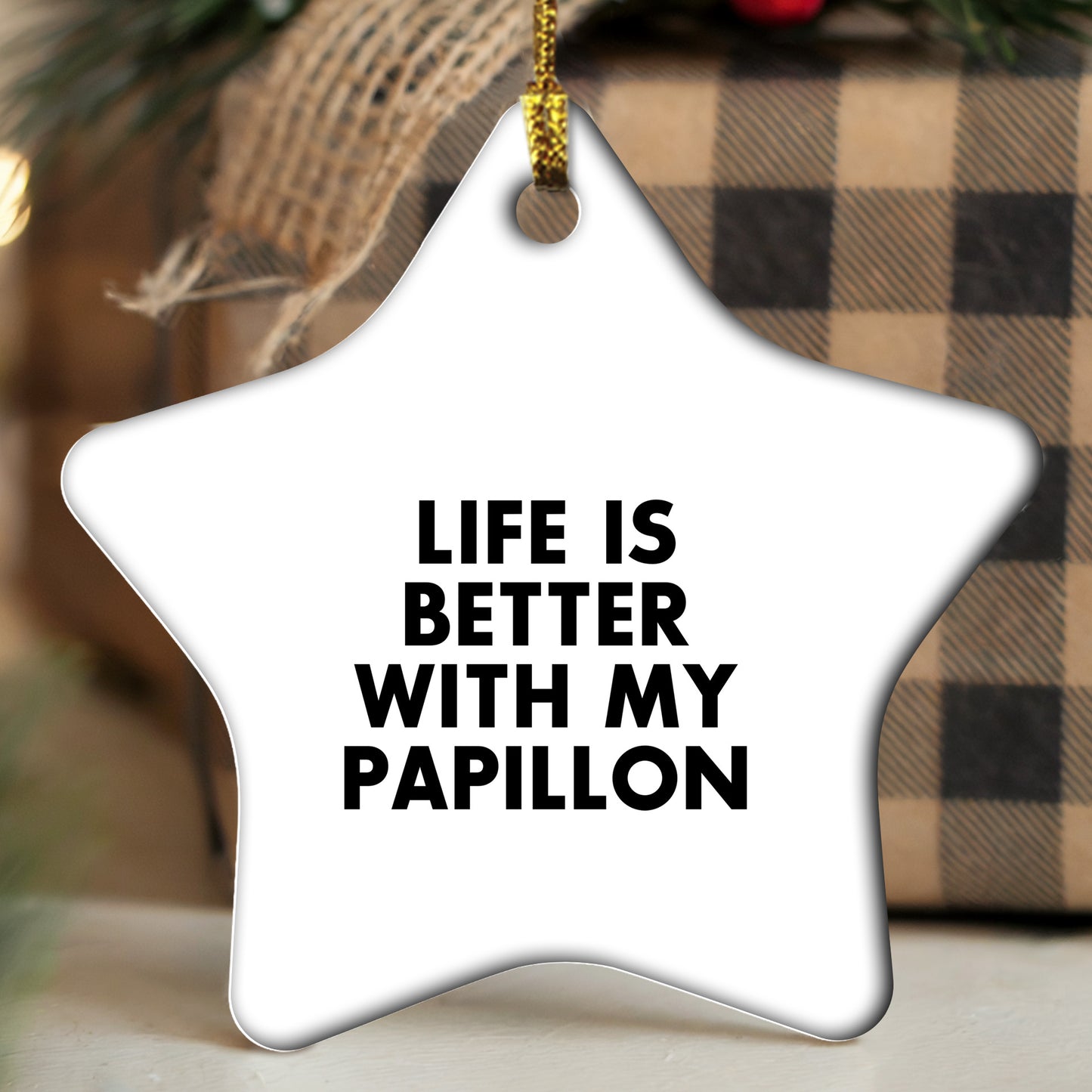 Papillon Dog Lovers Rejoice, Gift Ideas for Christmas, Inspirational Quote Star Ornament, 'Life is Better with My Papillon', Unique Papillon Dog Gifts