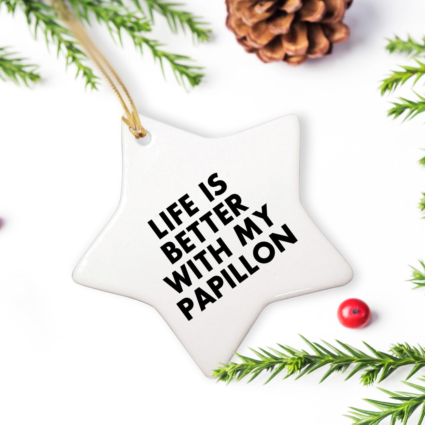 Papillon Dog Lovers Rejoice, Gift Ideas for Christmas, Inspirational Quote Star Ornament, 'Life is Better with My Papillon', Unique Papillon Dog Gifts
