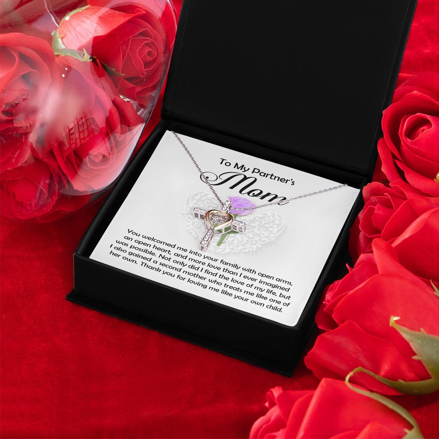 To My Partner's Mom You Welcomed me with Open Arms and an Open Heart Cross Pendant Necklace - Mallard Moon Gift Shop
