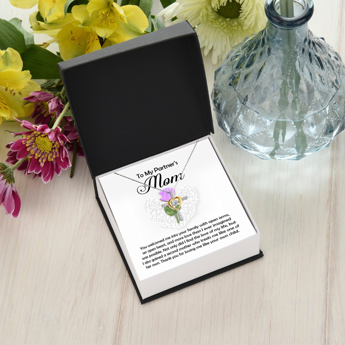 To My Partner's Mom You Welcomed me with Open Arms and an Open Heart Cross Pendant Necklace - Mallard Moon Gift Shop