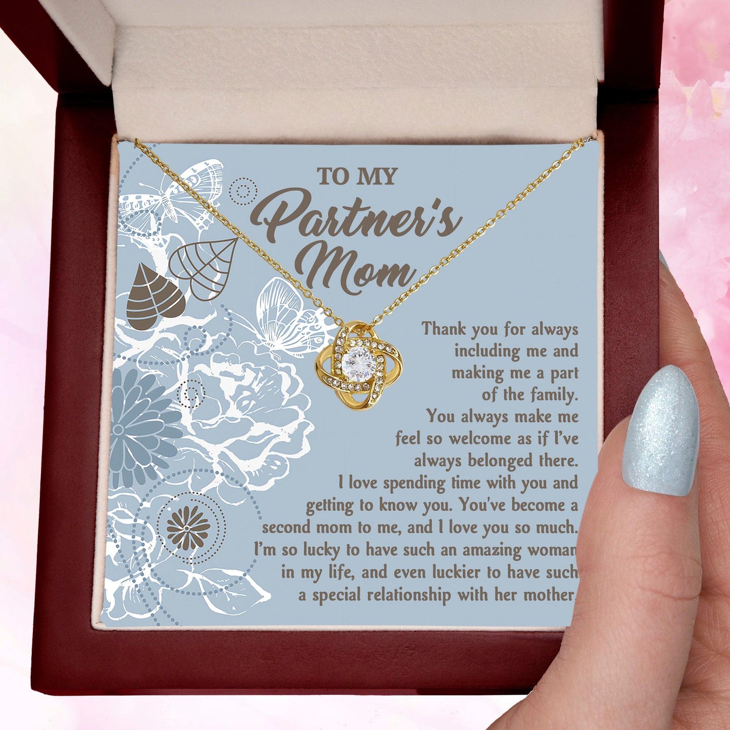 To My Partner's Mom You Make Me Feel Welcomed Love Knot Pendant Necklace - Mallard Moon Gift Shop