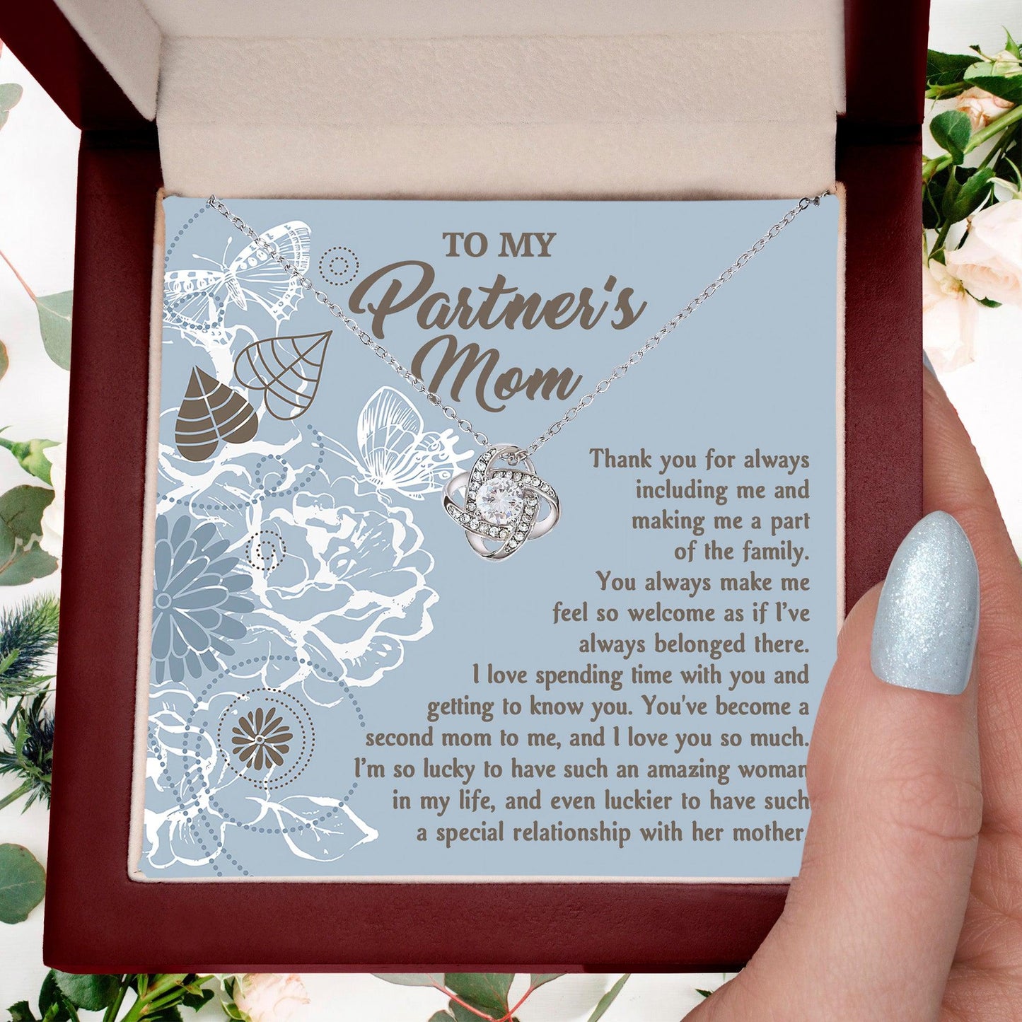 To My Partner's Mom You Make Me Feel Welcomed Love Knot Pendant Necklace - Mallard Moon Gift Shop