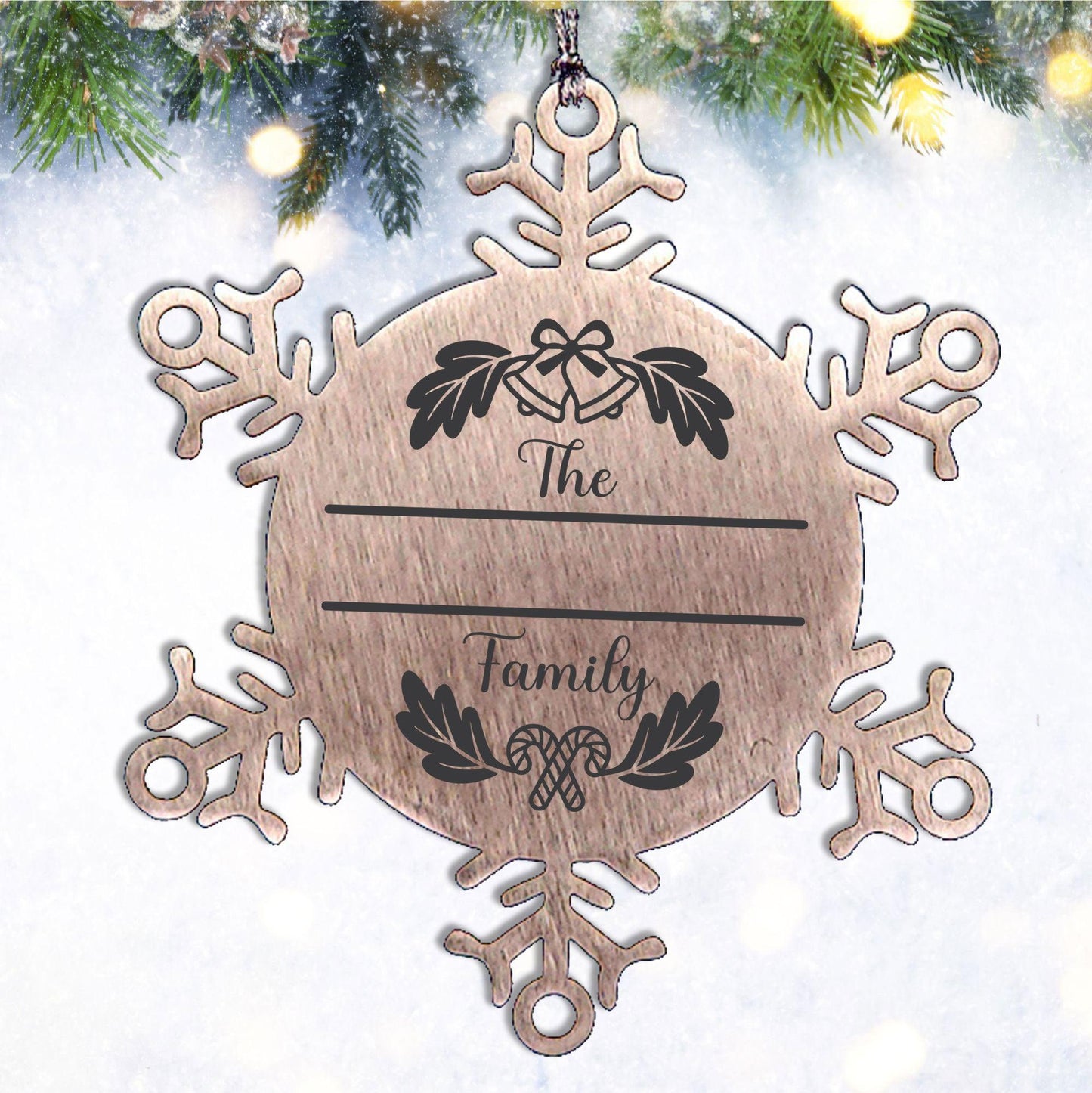Personalized Family Name Christmas Bells Laser Engraved Stainless Steel Snowflake Tree Ornament