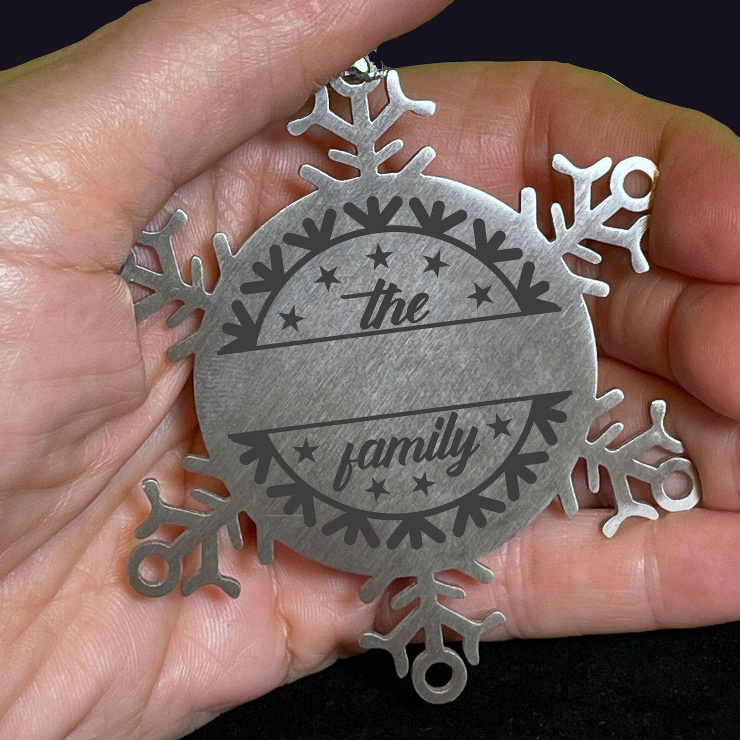 Personalized Family Name Snowflake Stainless Steel Engraved Ornament - Mallard Moon Gift Shop