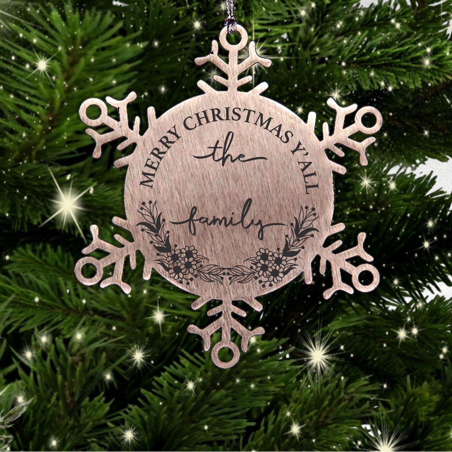 Personalized Merry Christmas Y'all Stainless Steel Laser Engraved Snowflake Tree Ornament - Mallard Moon Gift Shop