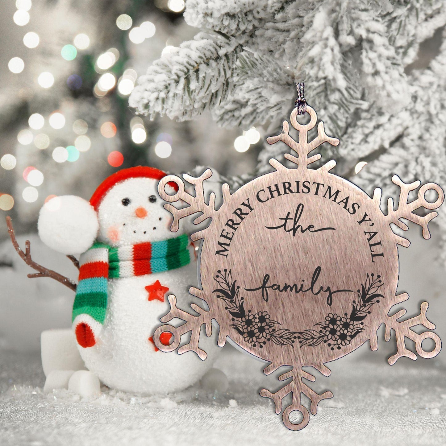 Personalized Merry Christmas Y'all Stainless Steel Laser Engraved Snowflake Tree Ornament - Mallard Moon Gift Shop