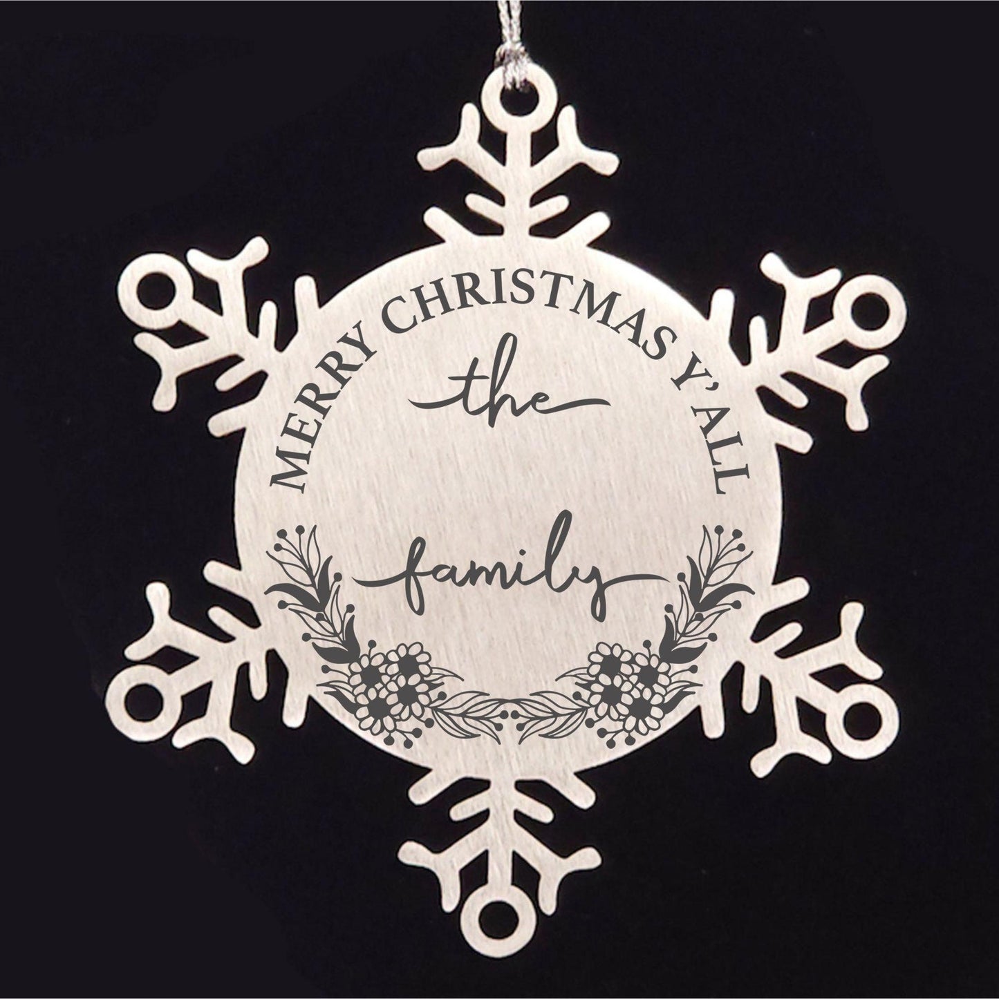 Personalized Merry Christmas Y'all Stainless Steel Laser Engraved Snowflake Tree Ornament - Mallard Moon Gift Shop