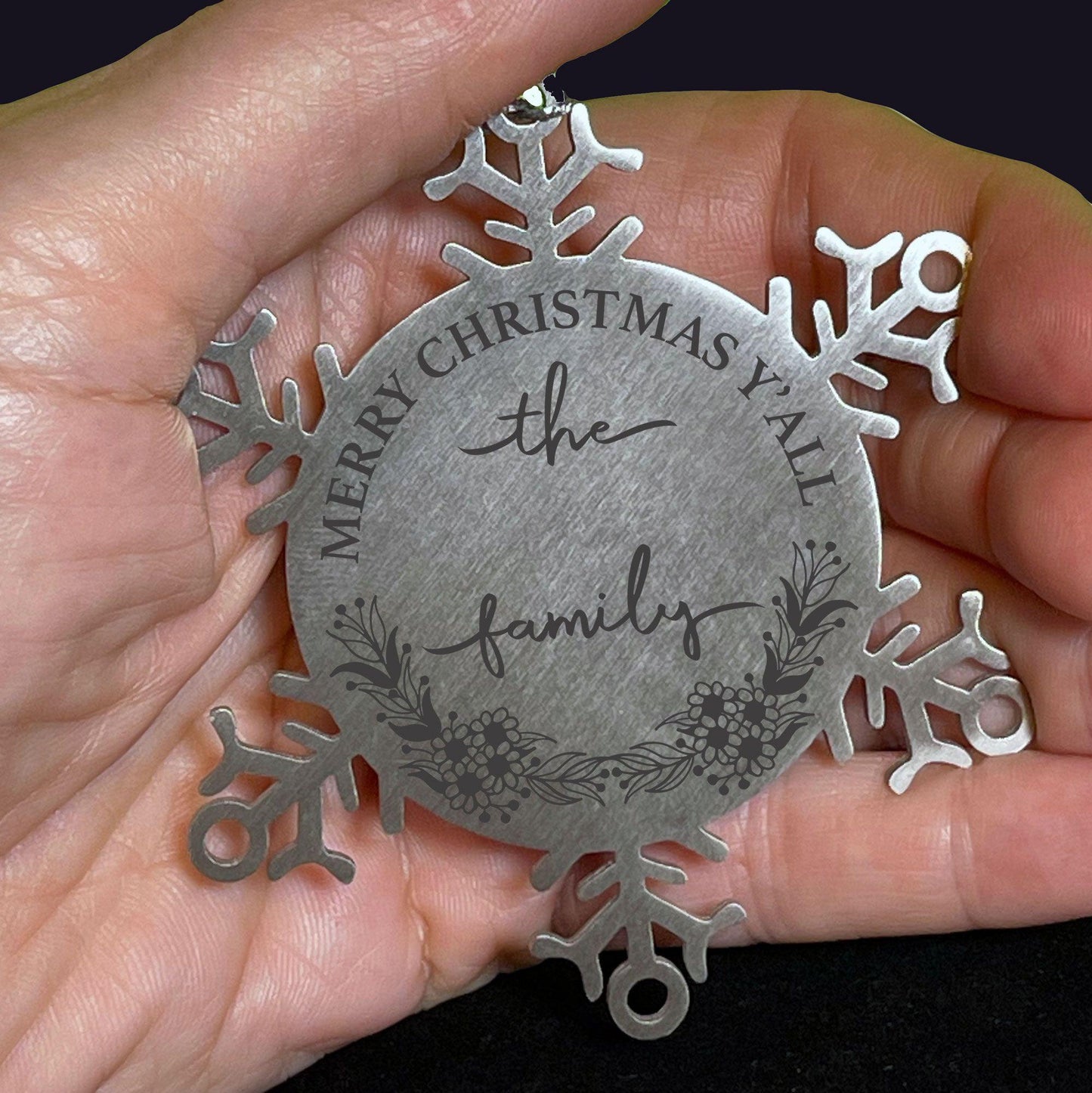 Personalized Merry Christmas Y'all Stainless Steel Laser Engraved Snowflake Tree Ornament - Mallard Moon Gift Shop