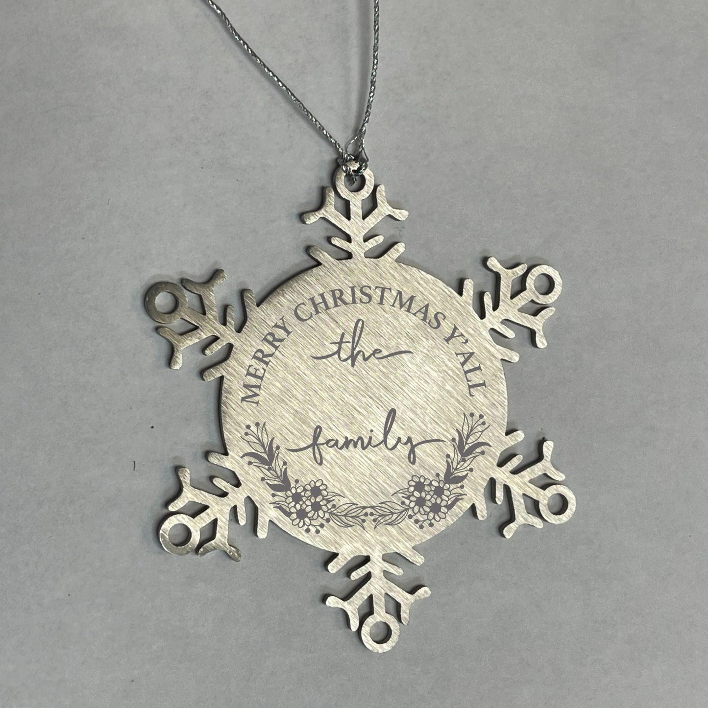Personalized Merry Christmas Y'all Stainless Steel Laser Engraved Snowflake Tree Ornament - Mallard Moon Gift Shop