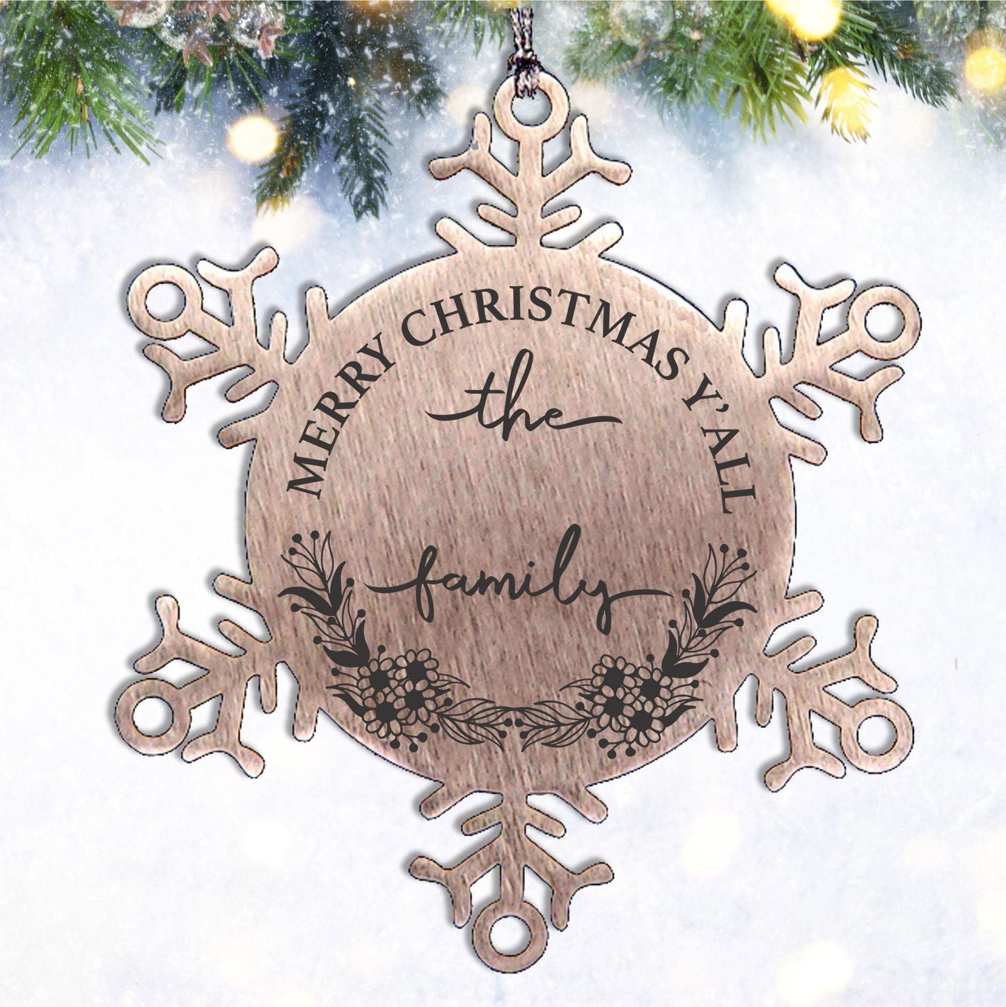 Personalized Merry Christmas Y'all Stainless Steel Laser Engraved Snowflake Tree Ornament - Mallard Moon Gift Shop