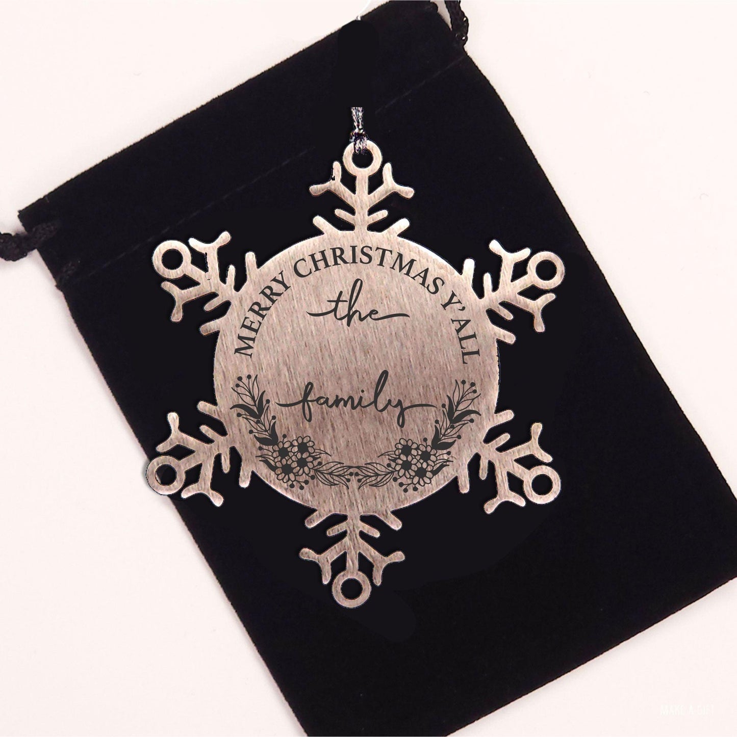Personalized Merry Christmas Y'all Stainless Steel Laser Engraved Snowflake Tree Ornament - Mallard Moon Gift Shop