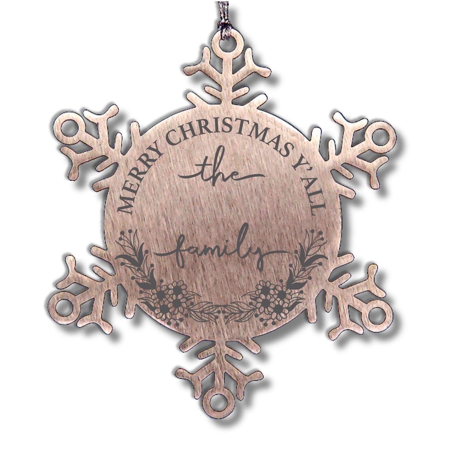 Personalized Merry Christmas Y'all Stainless Steel Laser Engraved Snowflake Tree Ornament - Mallard Moon Gift Shop