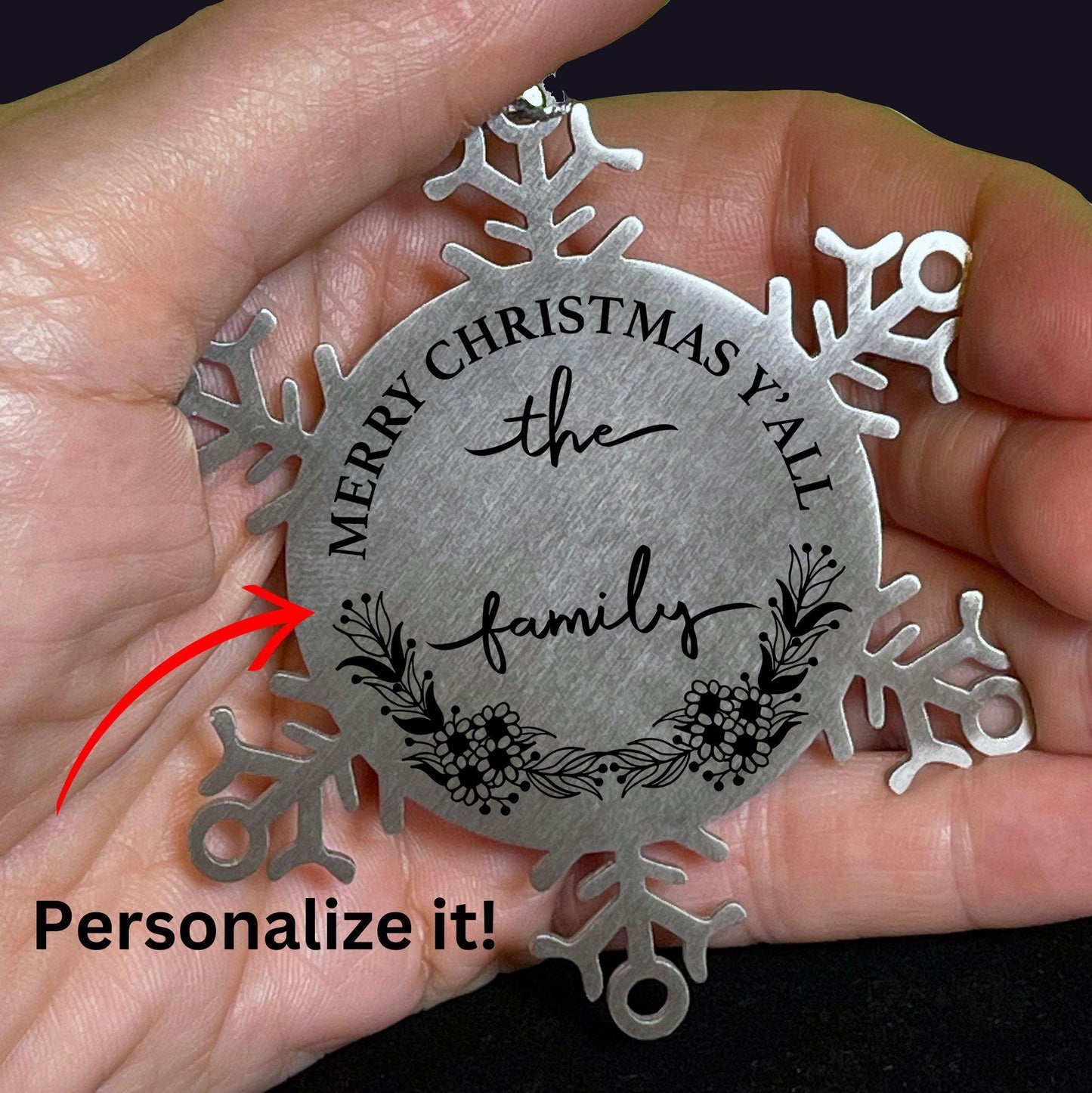 Personalized Merry Christmas Y'all Stainless Steel Laser Engraved Snowflake Tree Ornament - Mallard Moon Gift Shop