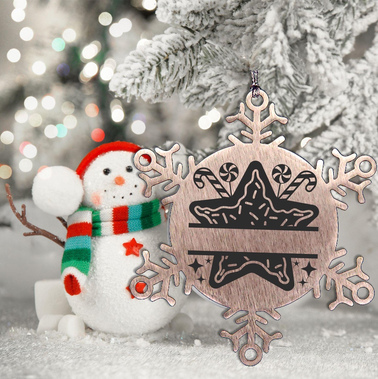Personalized Snowflake Christmas Star Cookie Tree Ornament Family Name Laser Engraved Stainless Steel - Mallard Moon Gift Shop