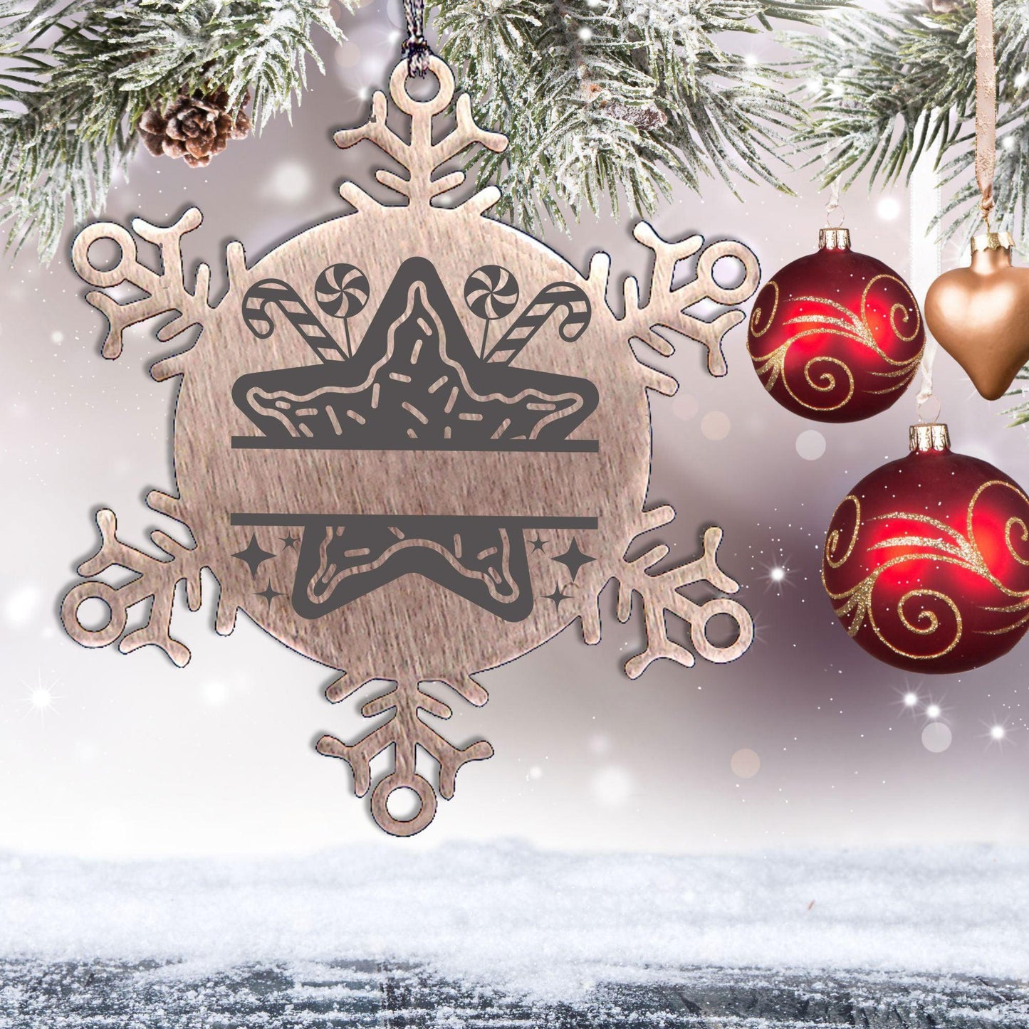 Personalized Snowflake Christmas Star Cookie Tree Ornament Family Name Laser Engraved Stainless Steel - Mallard Moon Gift Shop