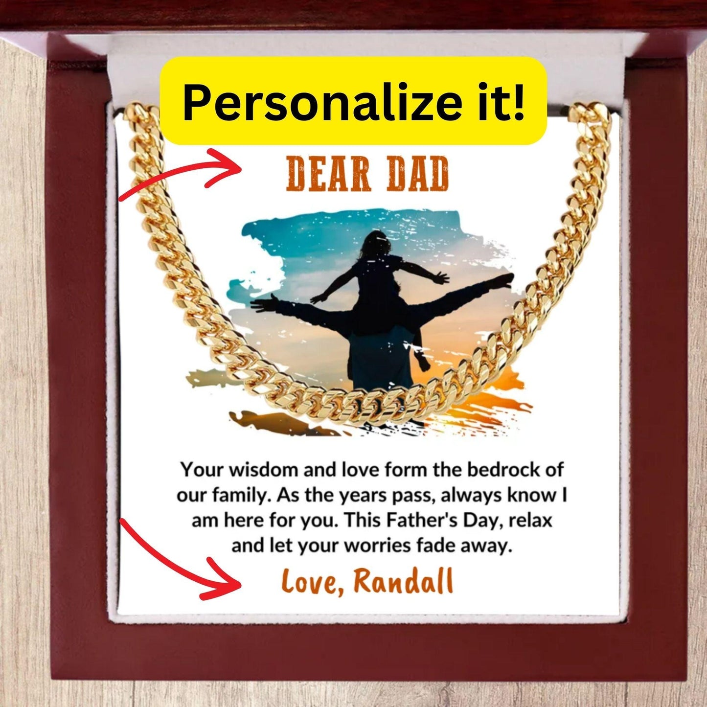 Gift for Dad Personalized Cuban Chain Link Necklace - Your Wisdom and Love Form the Bedrock of Our Family - Mallard Moon Gift Shop