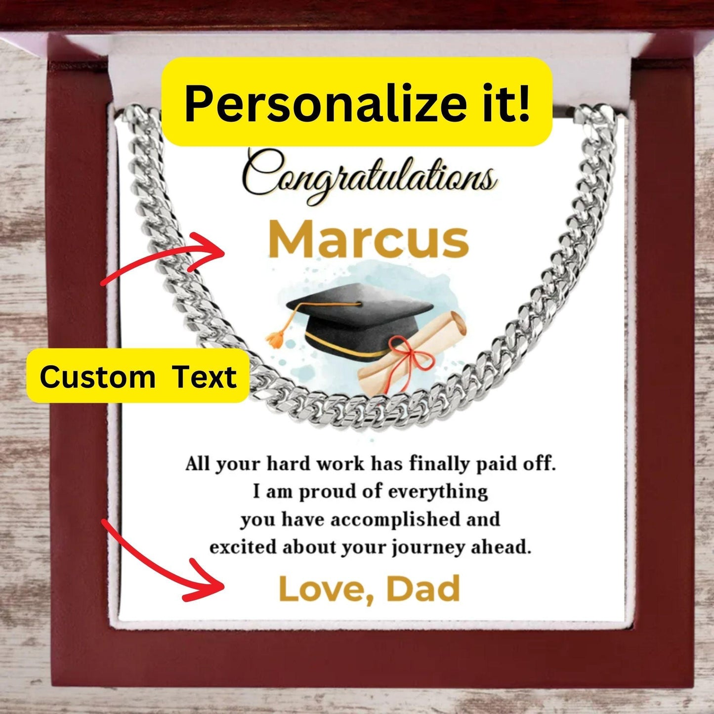 Son Personalized Graduation Gift - Your Hard Work Has Finally Paid Off - Cuban Chain Link Necklace with Message Card and Gift Box - Mallard Moon Gift Shop
