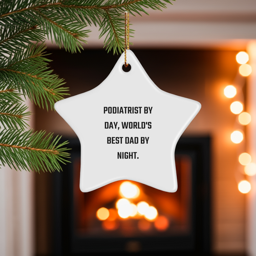 Podiatrist Gifts 'Podiatrist By Day, World's Best Dad By Night.' Star Ornament for Christmas, Funny White Star Shaped MDF Decor