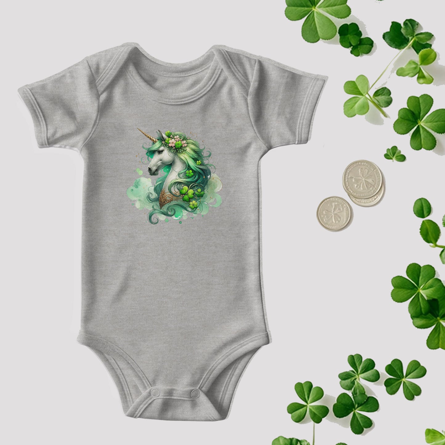 Magical Irish Unicorn St. Patrick's Day Baby Bodysuit – Enchanted Shamrock Lucky Charm Onesie – Soft Cotton Infant Romper – Fantasy Holiday Outfit & Baby Gift - Mallard Moon Gift Shop