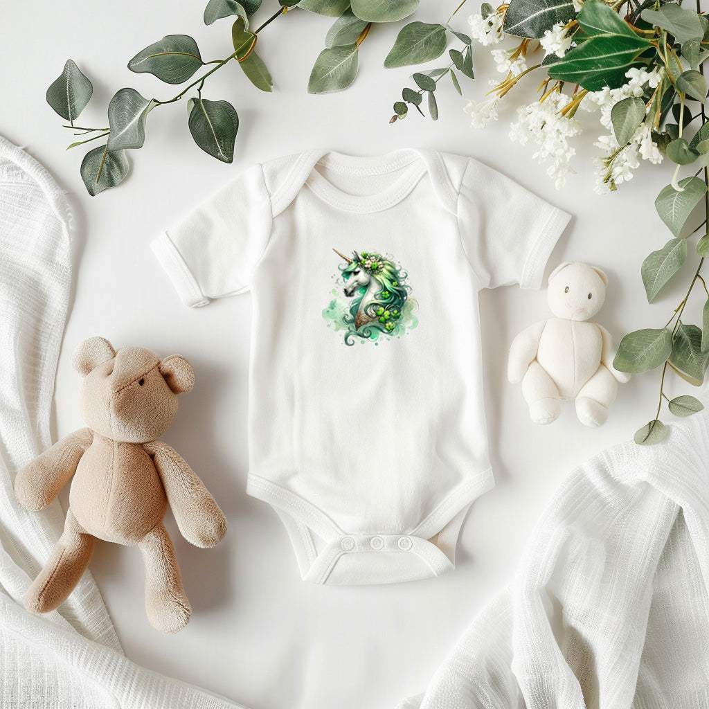 Magical Irish Unicorn St. Patrick's Day Baby Bodysuit – Enchanted Shamrock Lucky Charm Onesie – Soft Cotton Infant Romper – Fantasy Holiday Outfit & Baby Gift - Mallard Moon Gift Shop