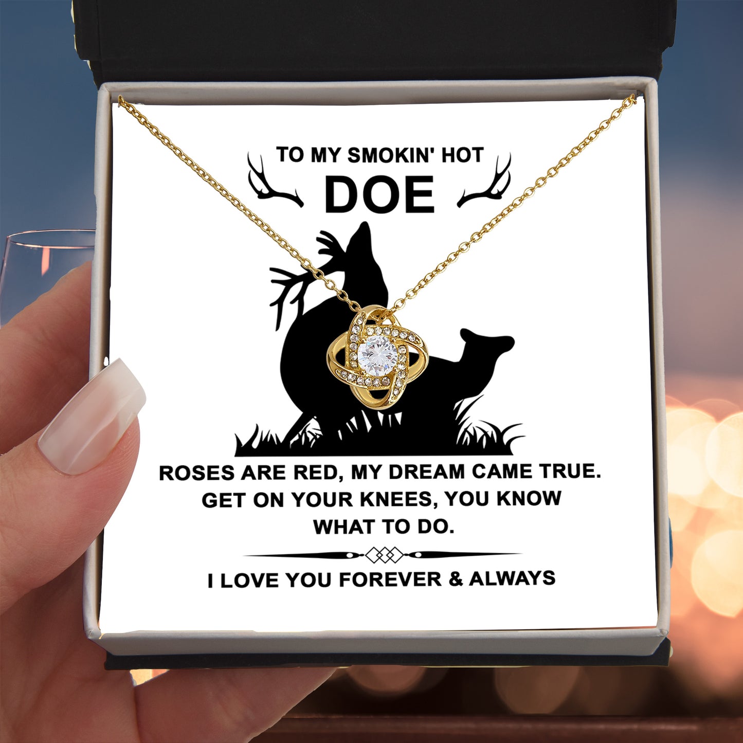 To My Smokin' Hot Doe” Message Card with Love Knot Necklace – Romantic and Playful Valentine's Day Gift - Mallard Moon Gift Shop